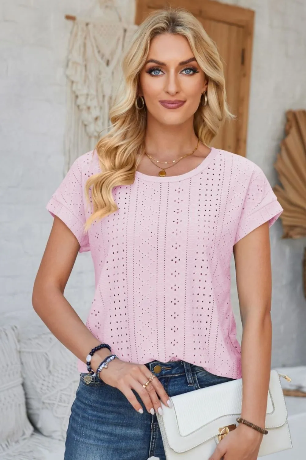 Eyelet Round Neck Rolled Short Sleeve T-Shirt, image 16