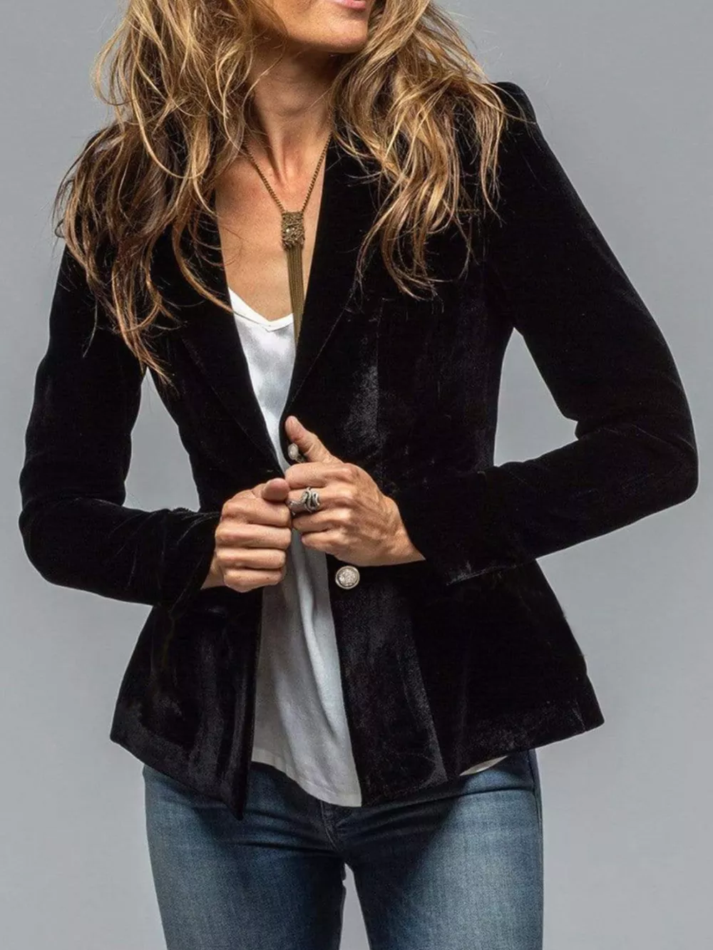 Velvet Lapel Collar Button Up Blazer