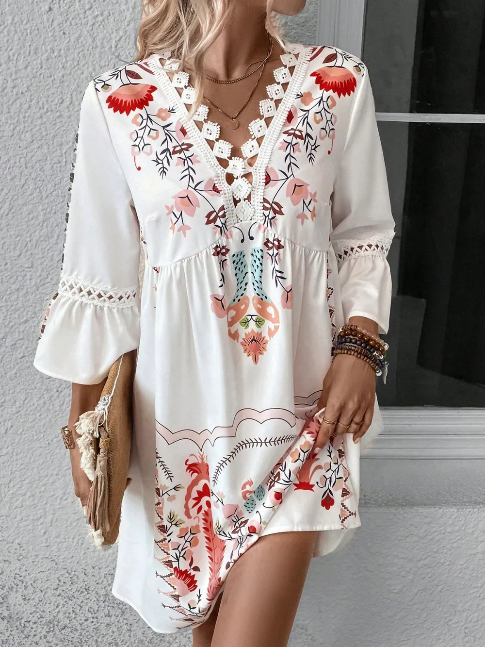 Lace Detail Printed Three-Quarter Sleeve Dress, image 13