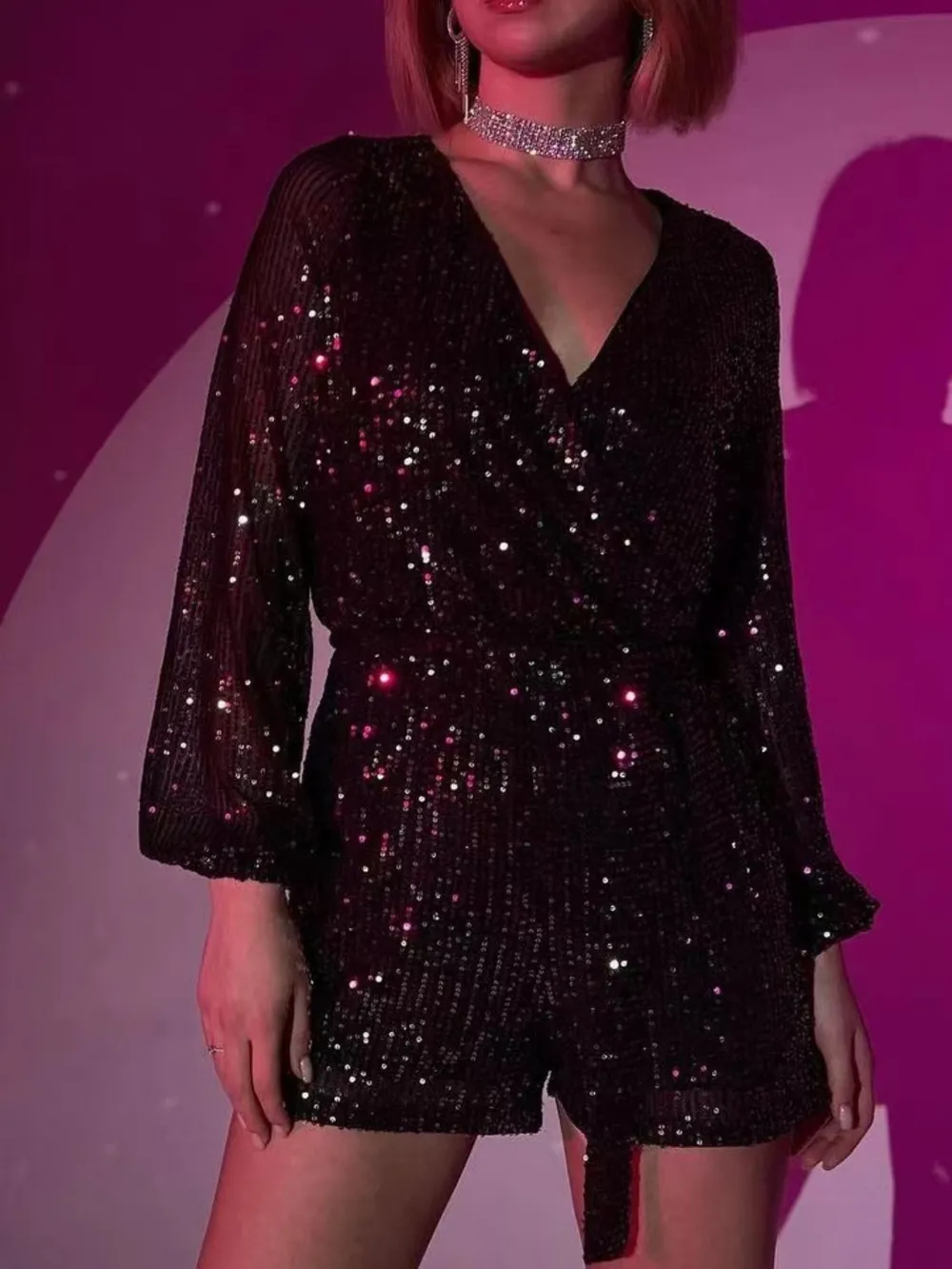 Full Size Sequin Surplice Tie Waist Long Sleeve Romper, image 20