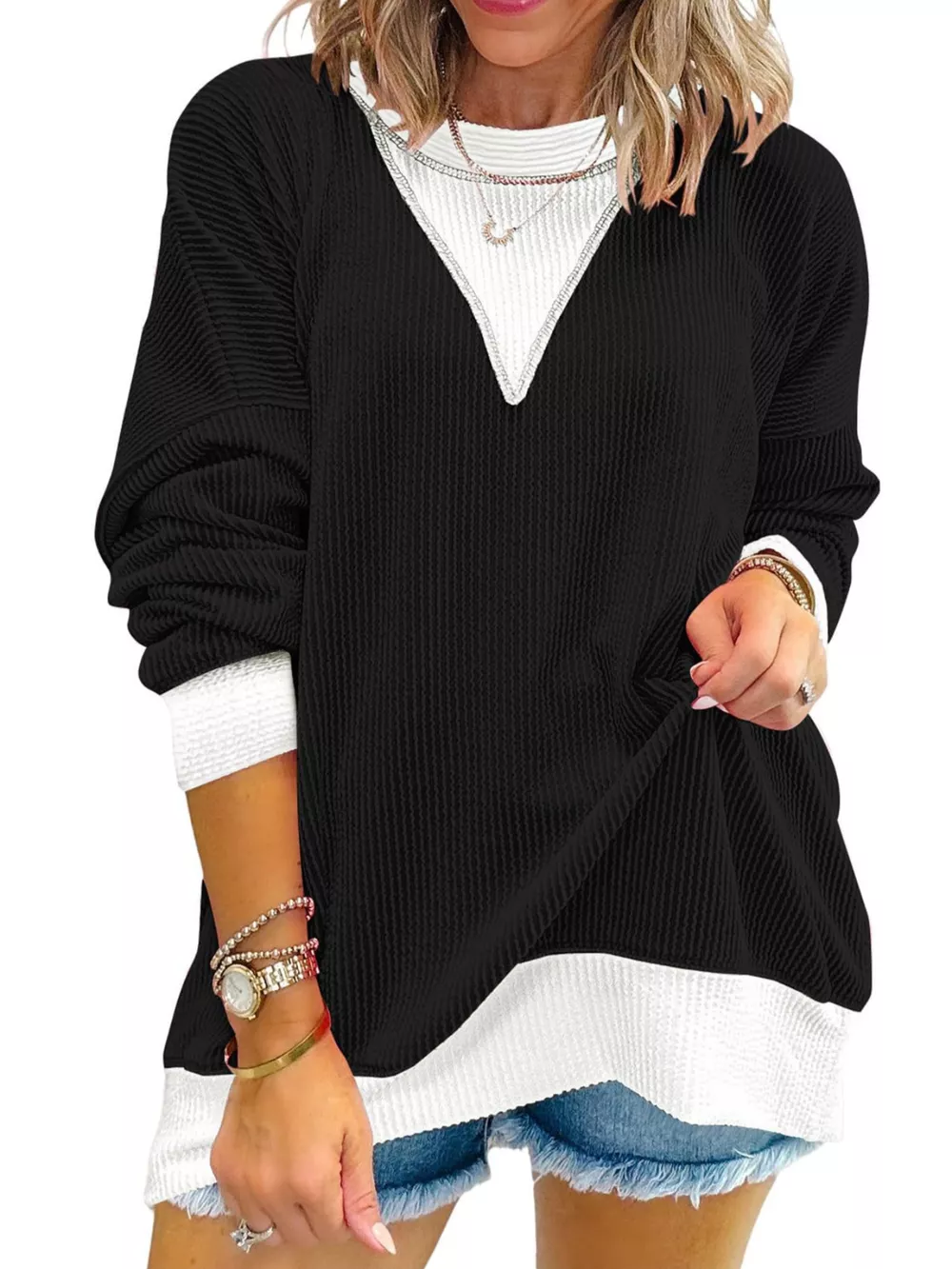 Two-Tone Ribbed Knit Sweatshirt, image 10