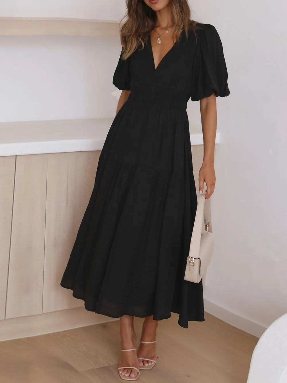 V-Neck Puff Sleeve Midi Dress, image 22