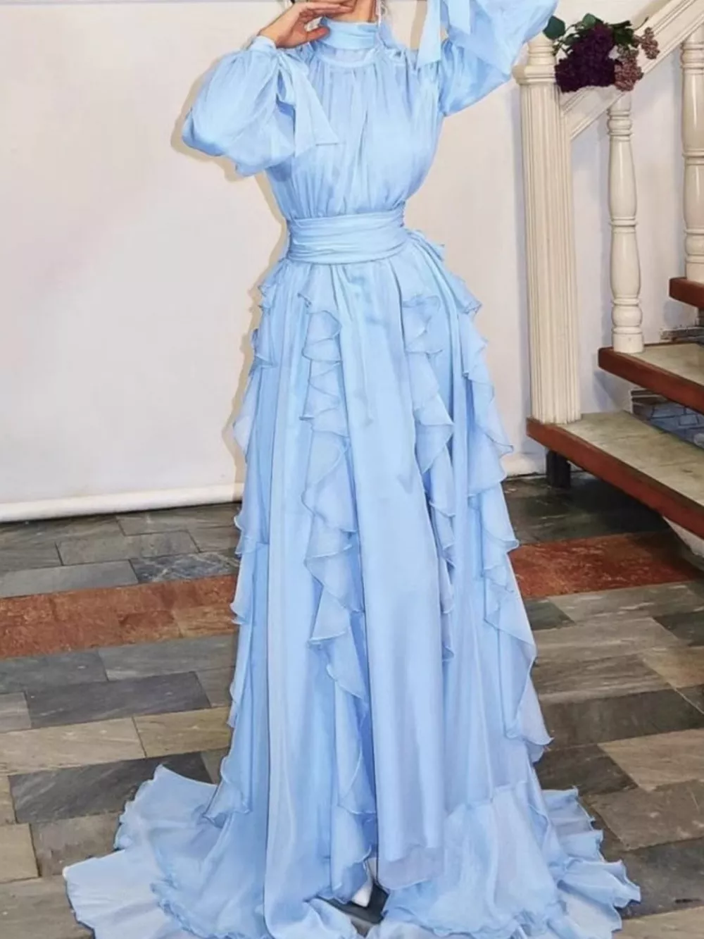 Ruffled Turtleneck Long Sleeve Maxi Dress