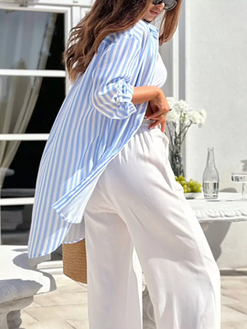Printed Long Sleeve Tie Waist Oversized Shirt, image 8