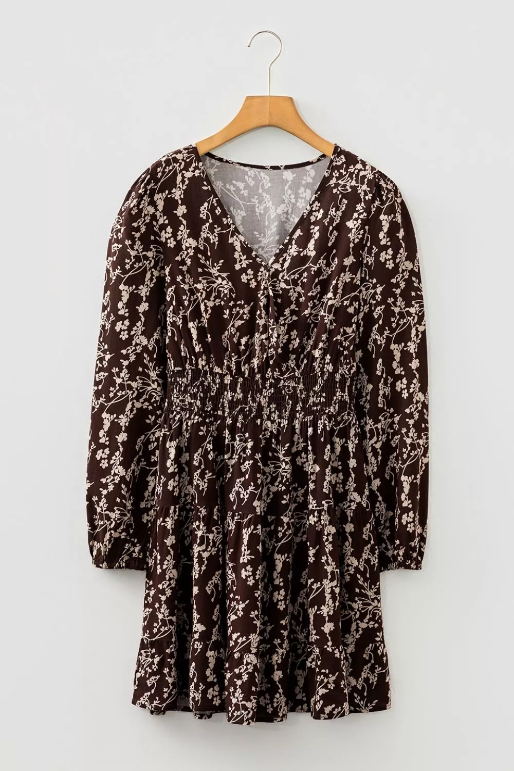 Ditsy Floral Print Split Neck Long Sleeve Shirred Waist Flared Mini Dress, image 7