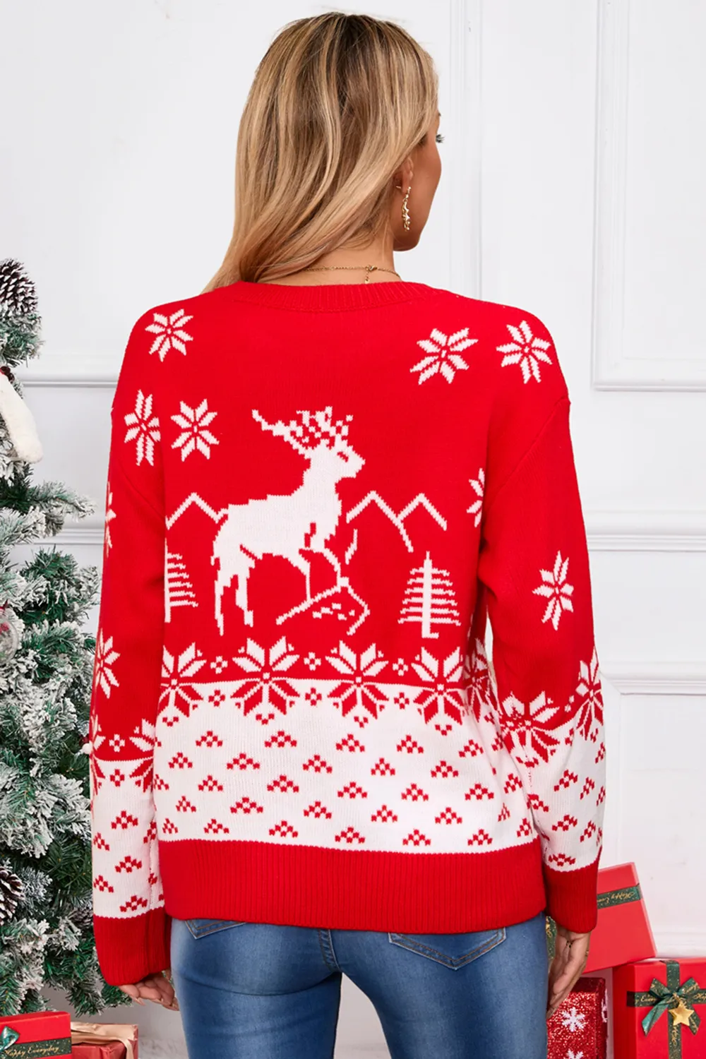 Deer Pattern Round Neck Long Sleeve Sweater, image 5