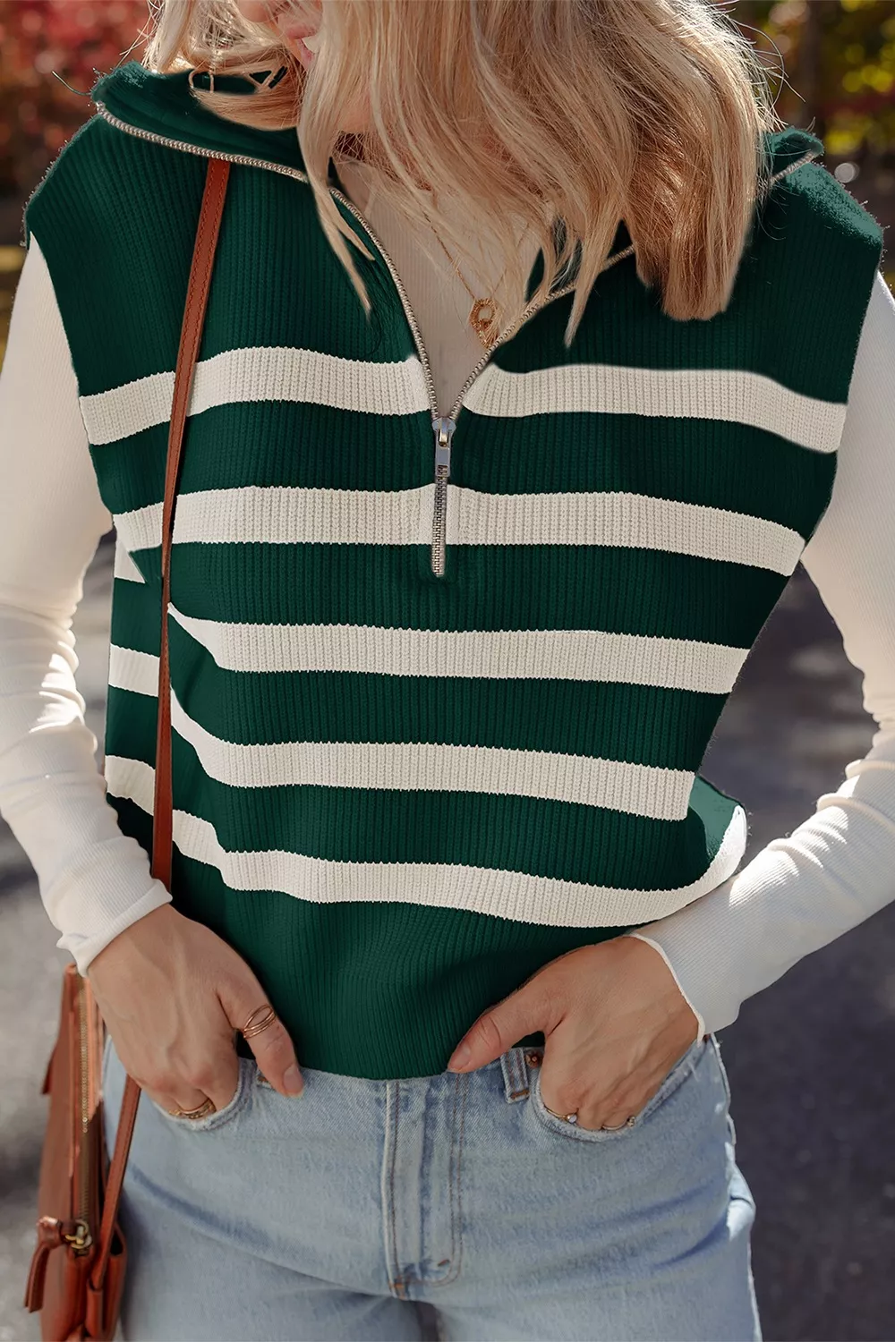 Ribbed Half Zip Collared Sweater Vest, image 5