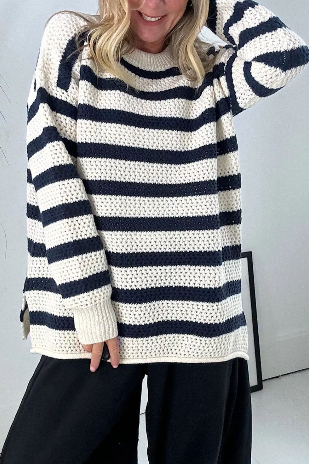 Striped Knit Dropped Shoulder Sweater, image 4