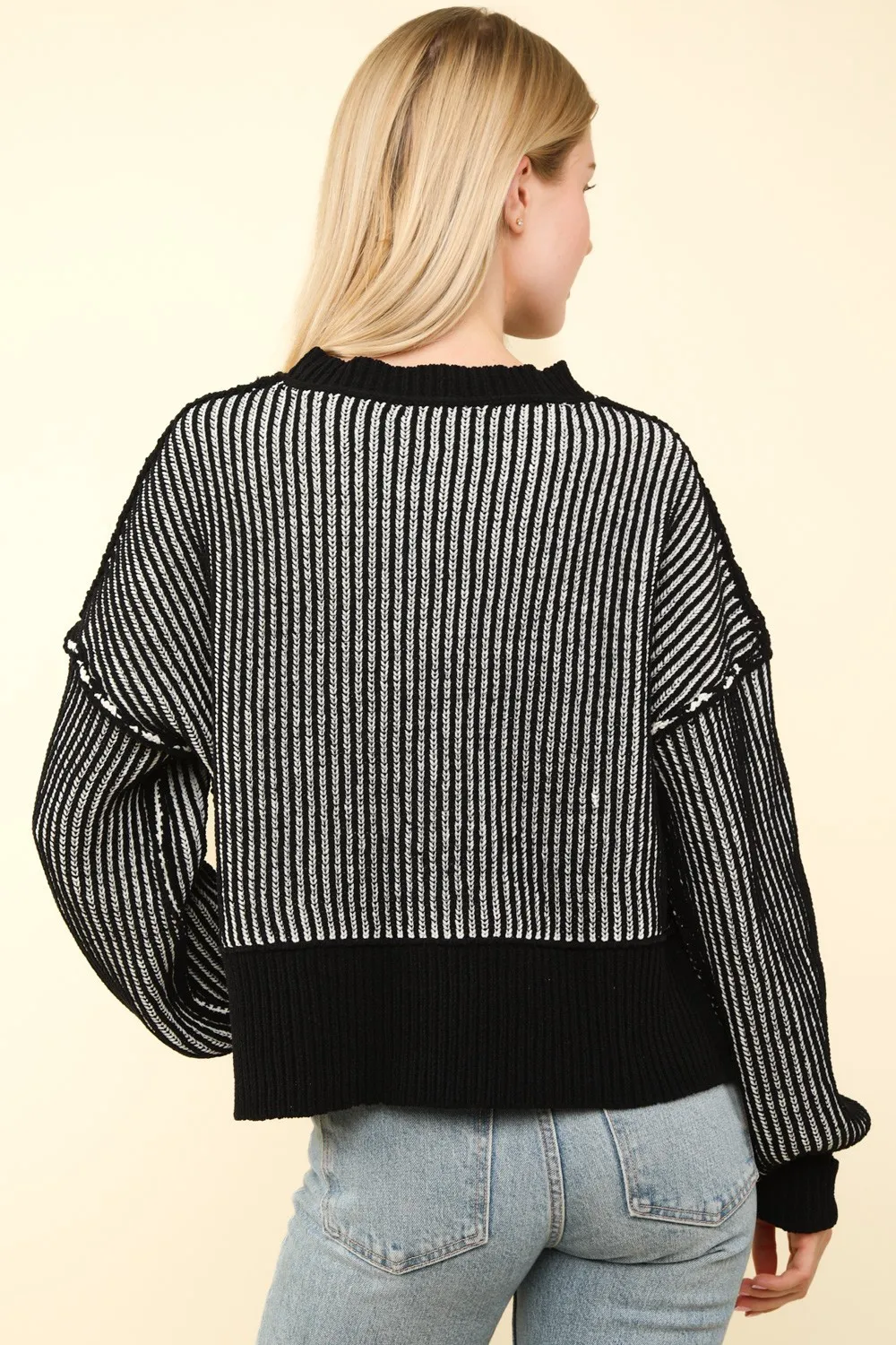 Exposed Seam Cropped Striped Slit Sweater, image 2