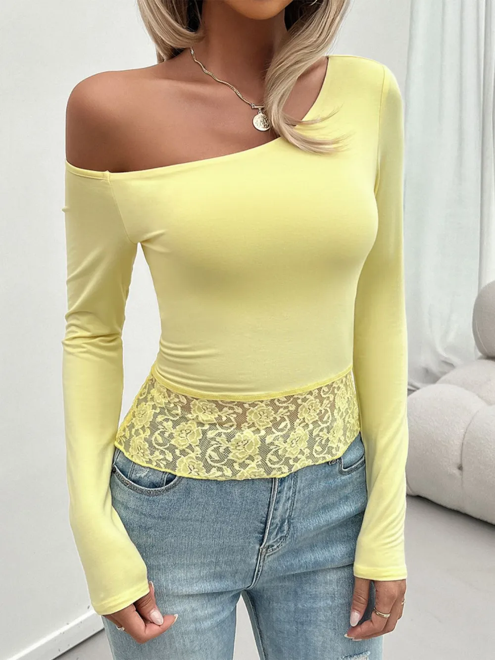 Single Shoulder Long Sleeve Lace T-Shirt, image 15