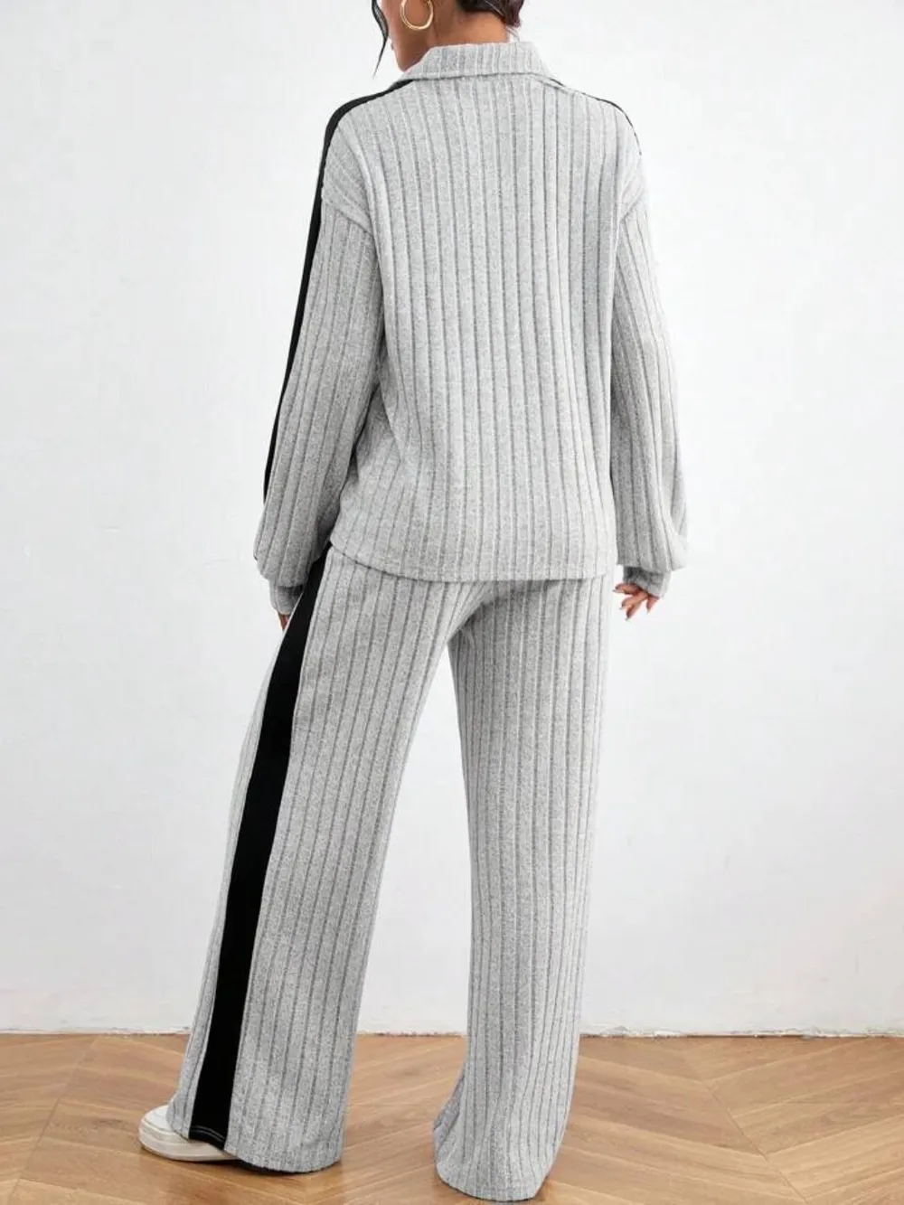 Contrast Collared Neck Long Sleeve Top and Pants Set, image 4