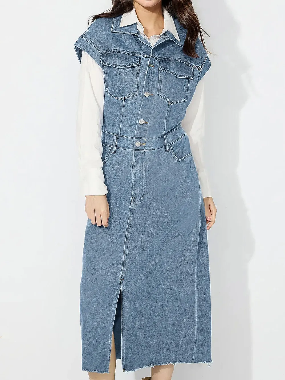 Slit Half Button Collared Neck Cap Sleeve Denim Dress, image 4