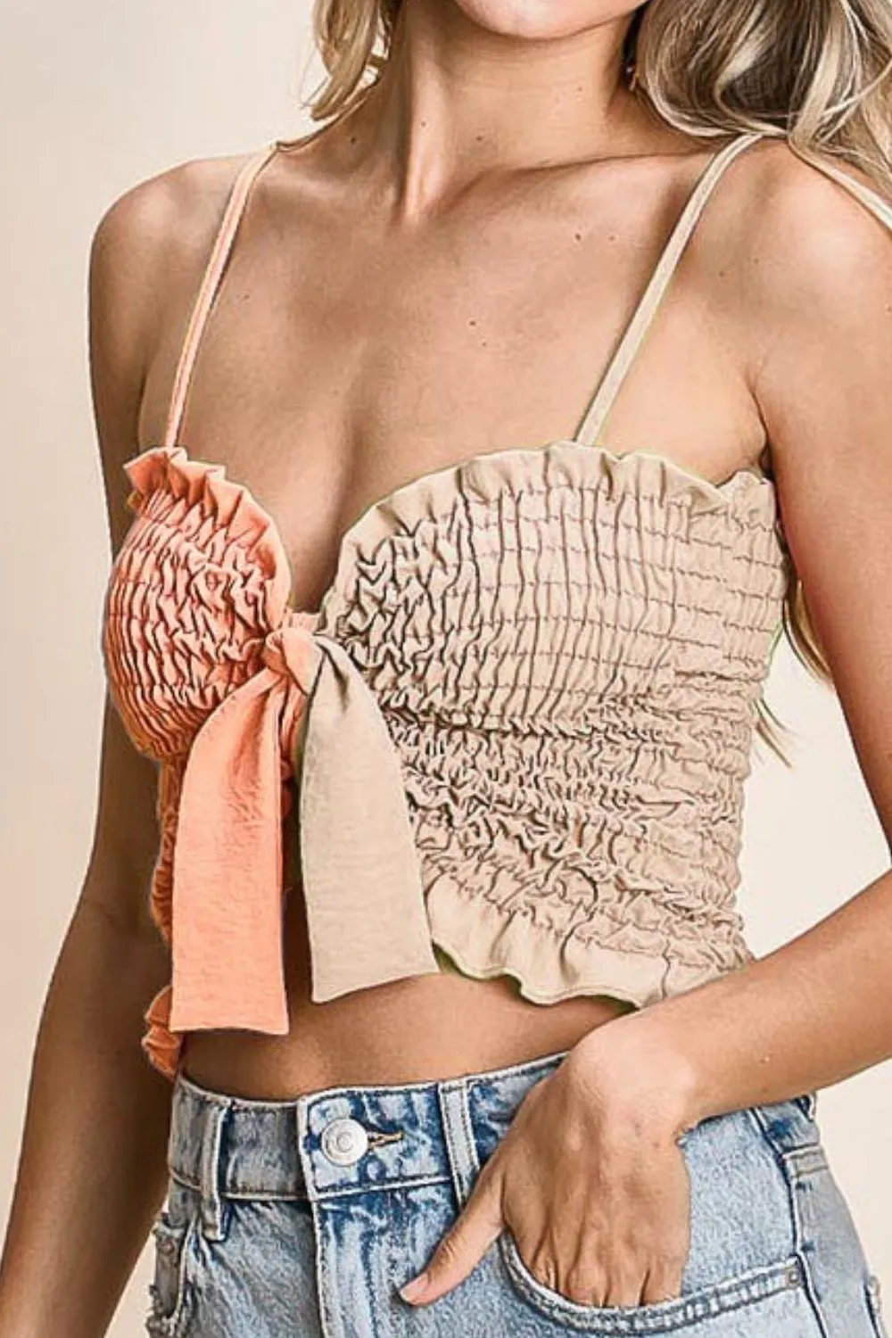 Woven Color Block Smocked with Ribbon Bra Top