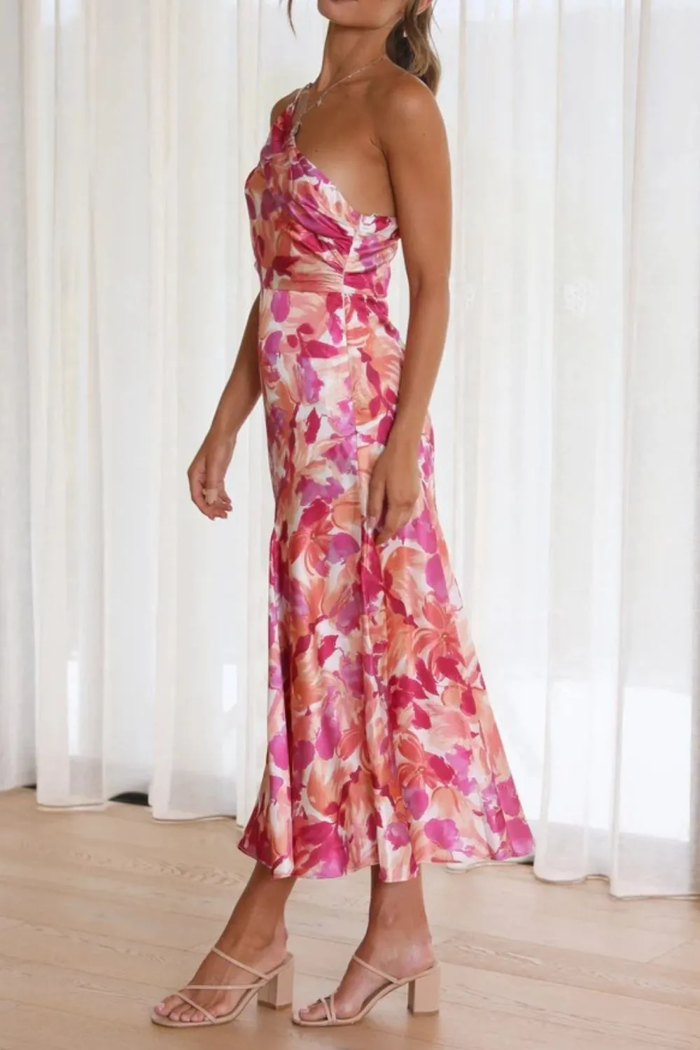 Ruched Printed Single Shoulder Midi Dress, image 5