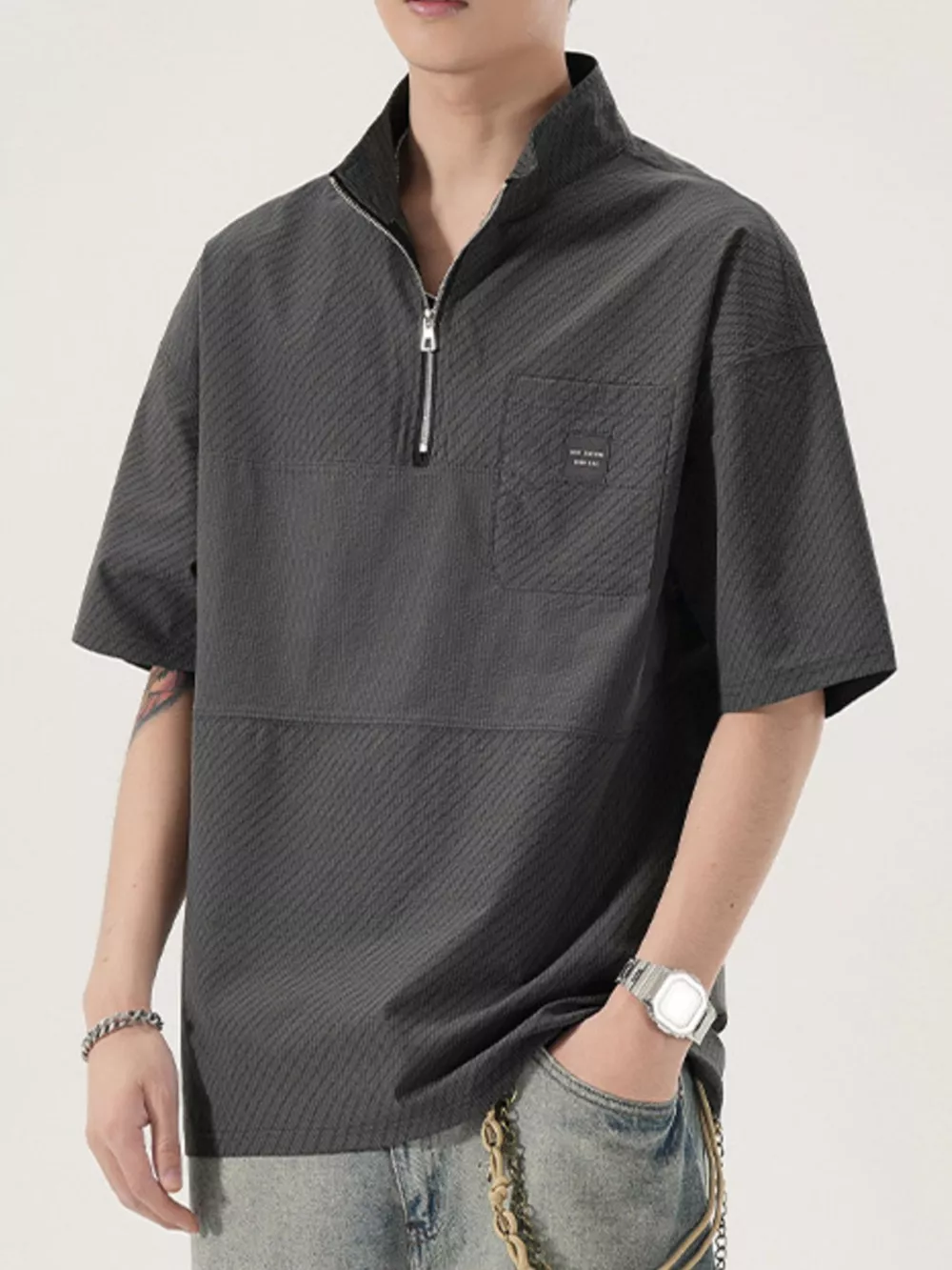 Men's Full Size Half-Zip Textured Oversized T-Shirt Plus Size, image 5