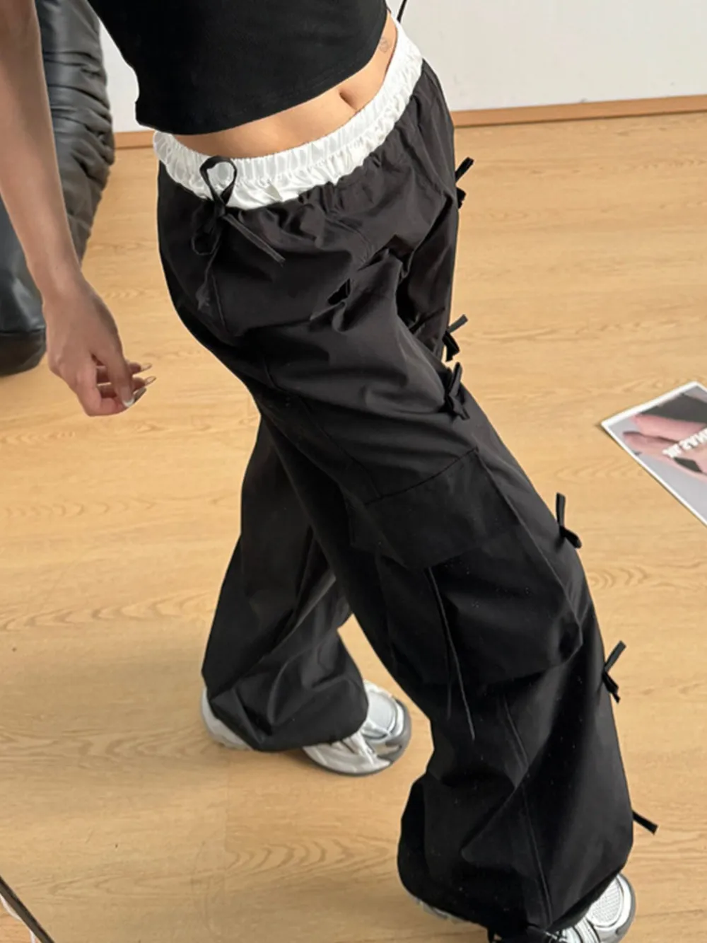Bow Elastic Waist Cargo Pants, image 9