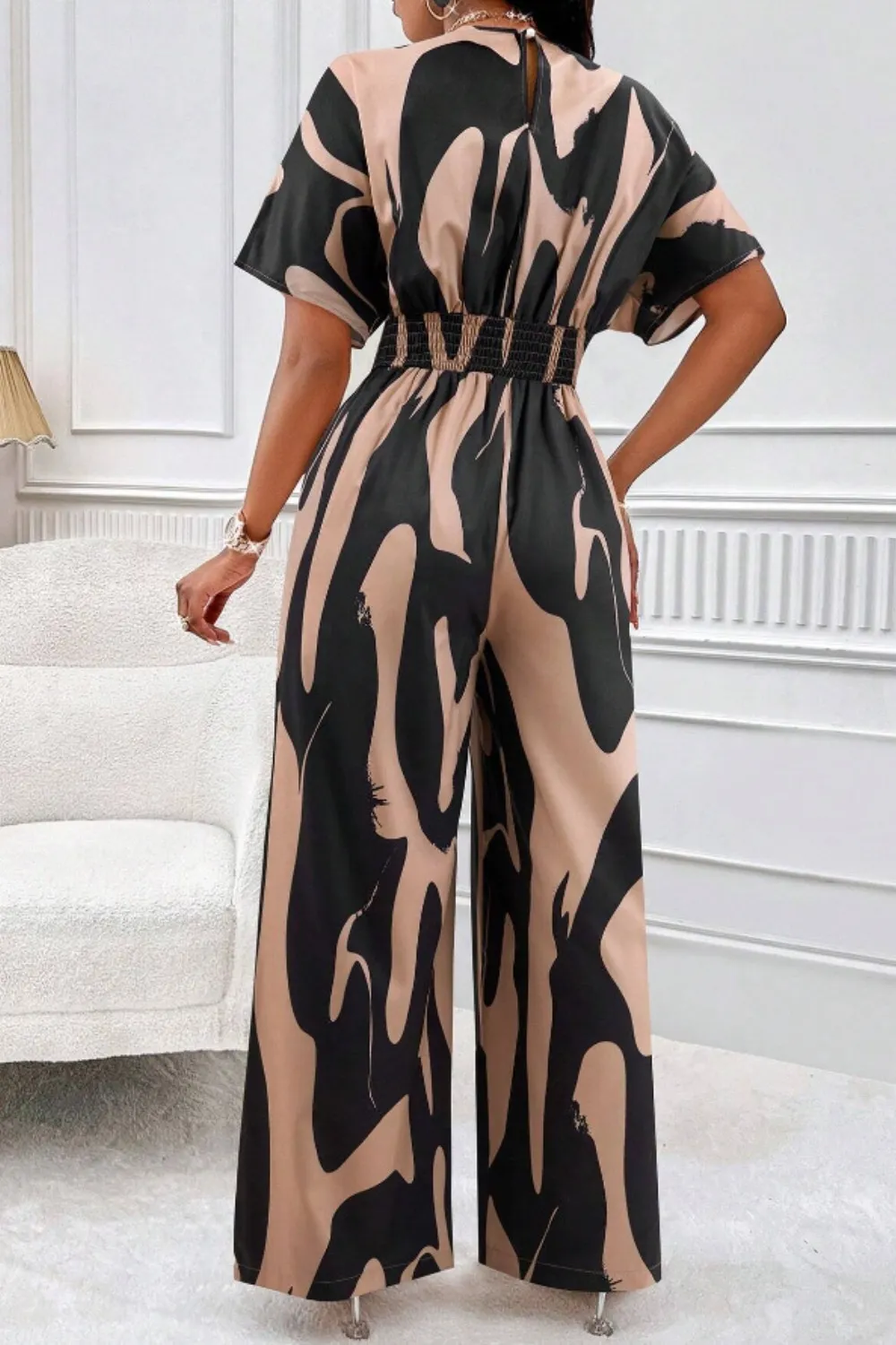 Printed V-Neck Short Sleeve Wide Leg Jumpsuit, image 13