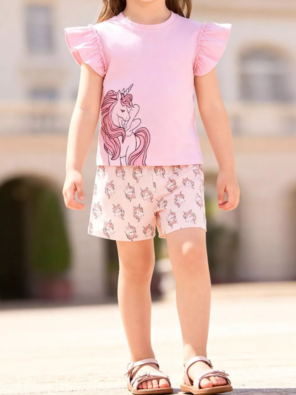 Children's Unicorn Ruffle Sleeve Top and Shorts Set, image 2