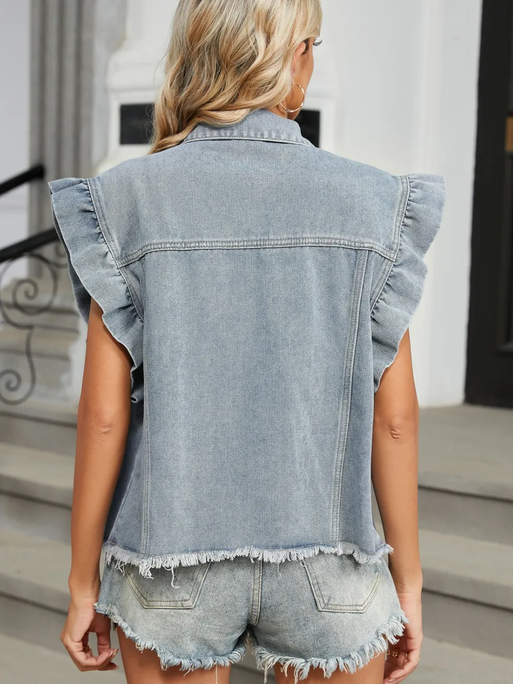Raw Hem Cap Sleeve Denim Jacket, image 10