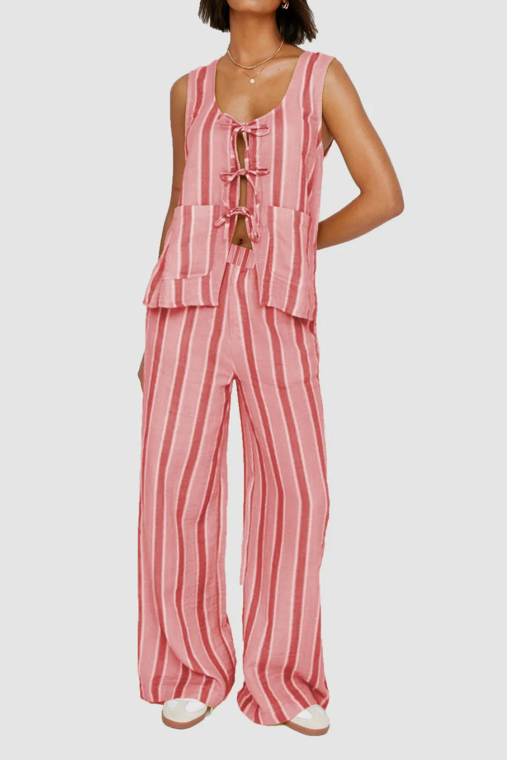 Tied Front Striped Top and Pants Set, image 12