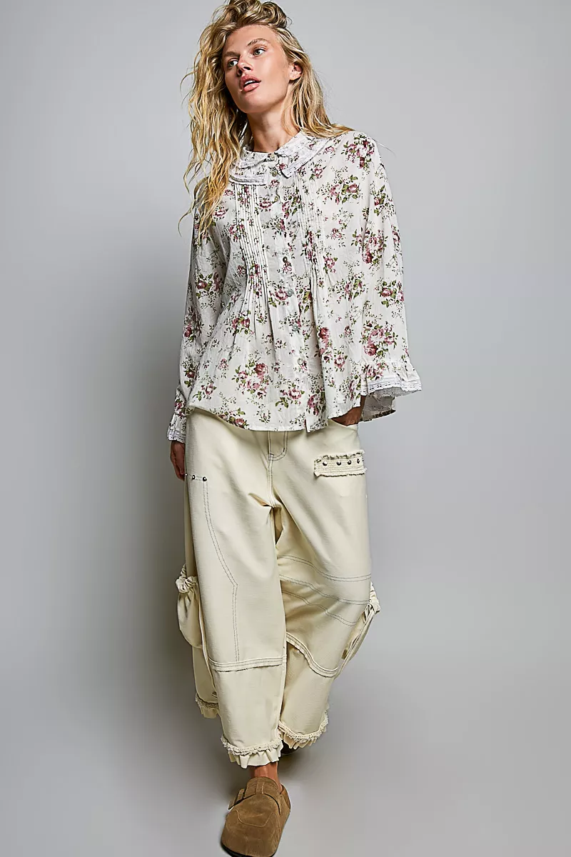 POL Floral Lace Trim Pintuck Button-Down Shirt, image 5