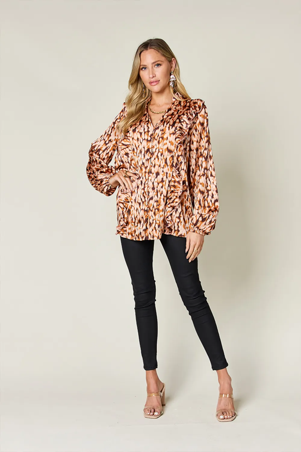 Full Size Printed Ruffle Trim Balloon Sleeve Shirt, image 19