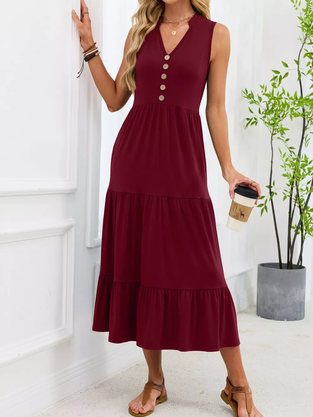 Sleeveless Notched Tiered Midi Dress, image 23