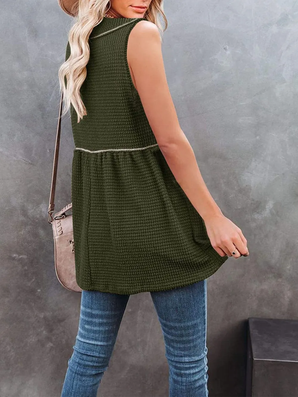 V-Neck Waffle Knit Tank Top with Contrast Stitching, image 19