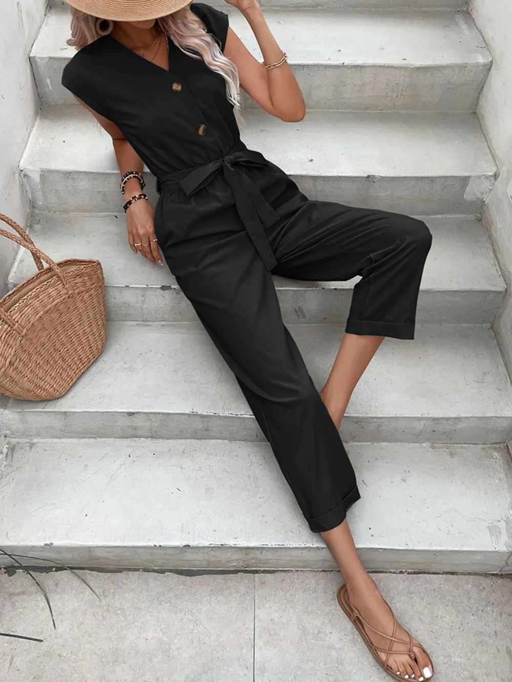 Button-Front Tie Waist Jumpsuit, image 8