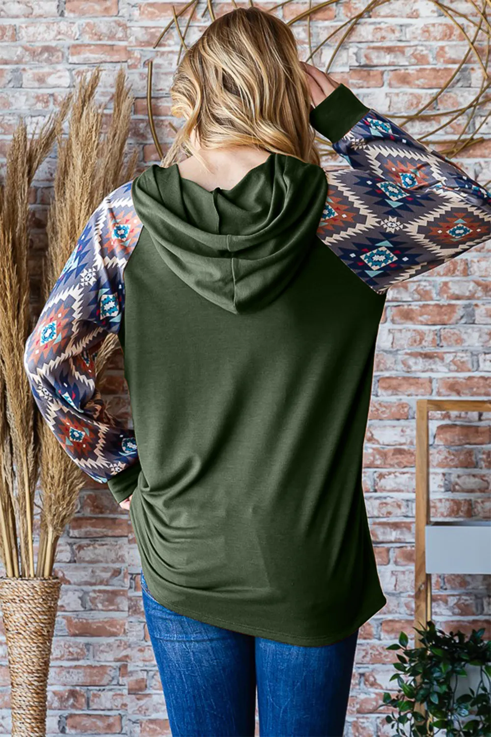 Full Size Half Button Printed Long Sleeve Hooded Top, image 2