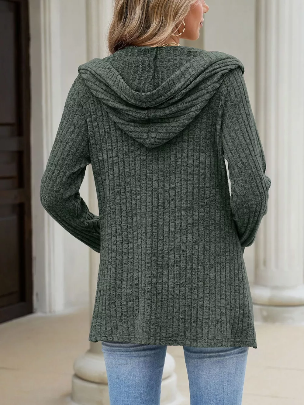 Ribbed Knit Hooded Button-Down Cardigan, image 21