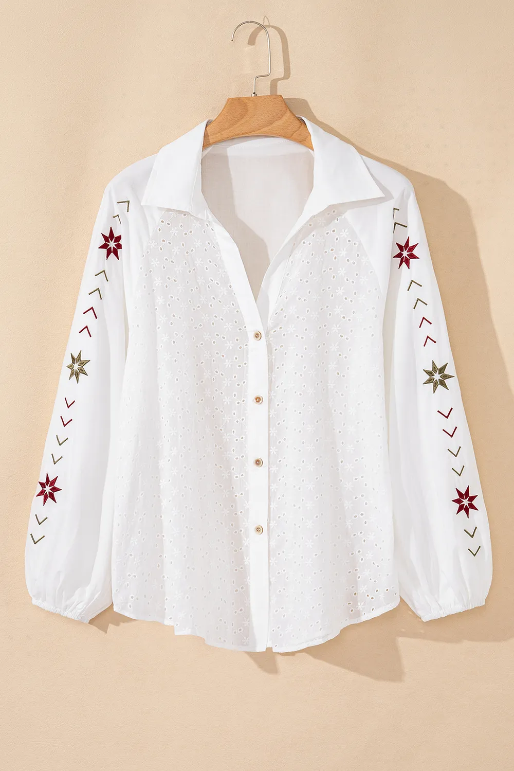 Embroidered Eyelet Collared Neck Long Sleeve Shirt, image 11