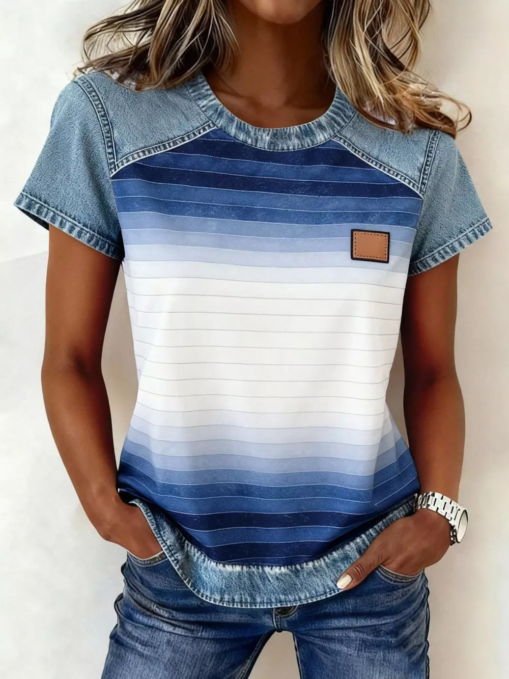 Denim Patchwork Short Sleeve Blouse, image 15