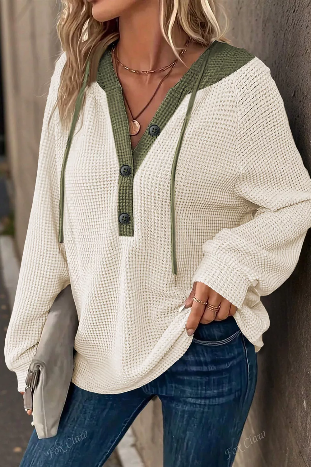 Drawstring Waffle Knit Henley Hoodie, image 2