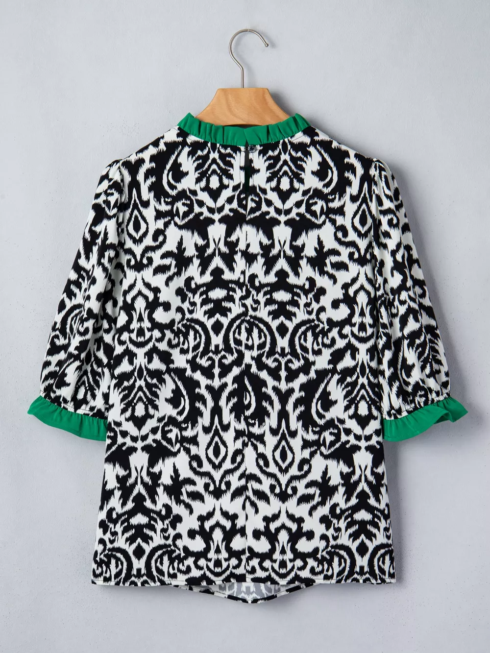 Damask Print Ruffled Color Block Detail Half Sleeve Blouse, image 8