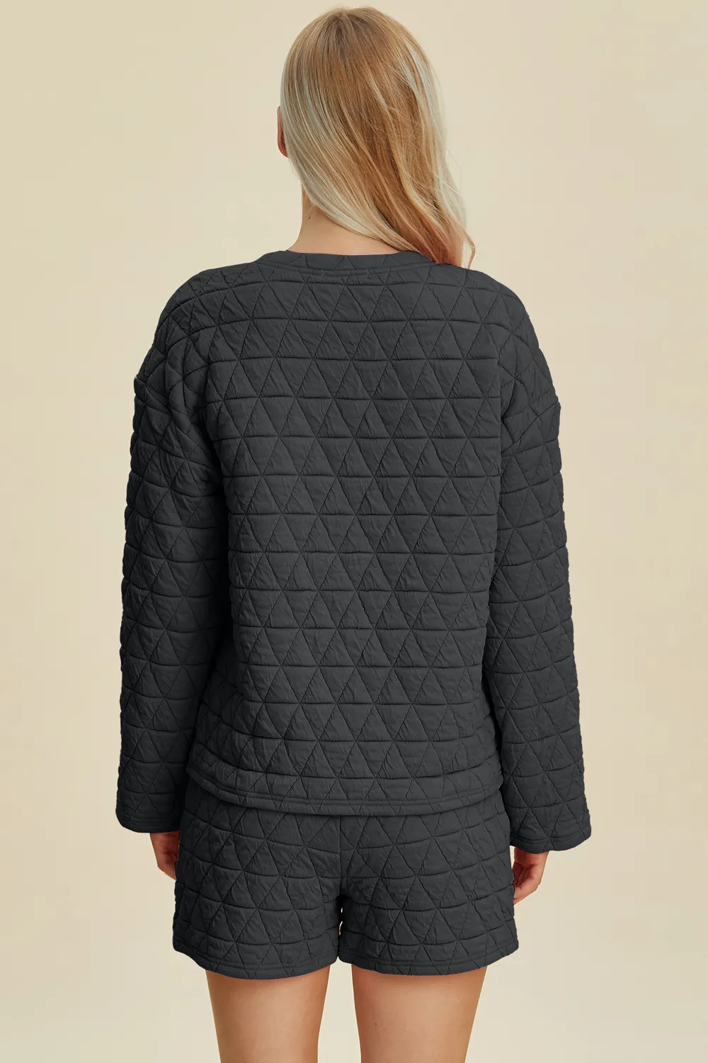 Full Size Texture Round Neck Long Sleeve Top and Shorts Set, image 12
