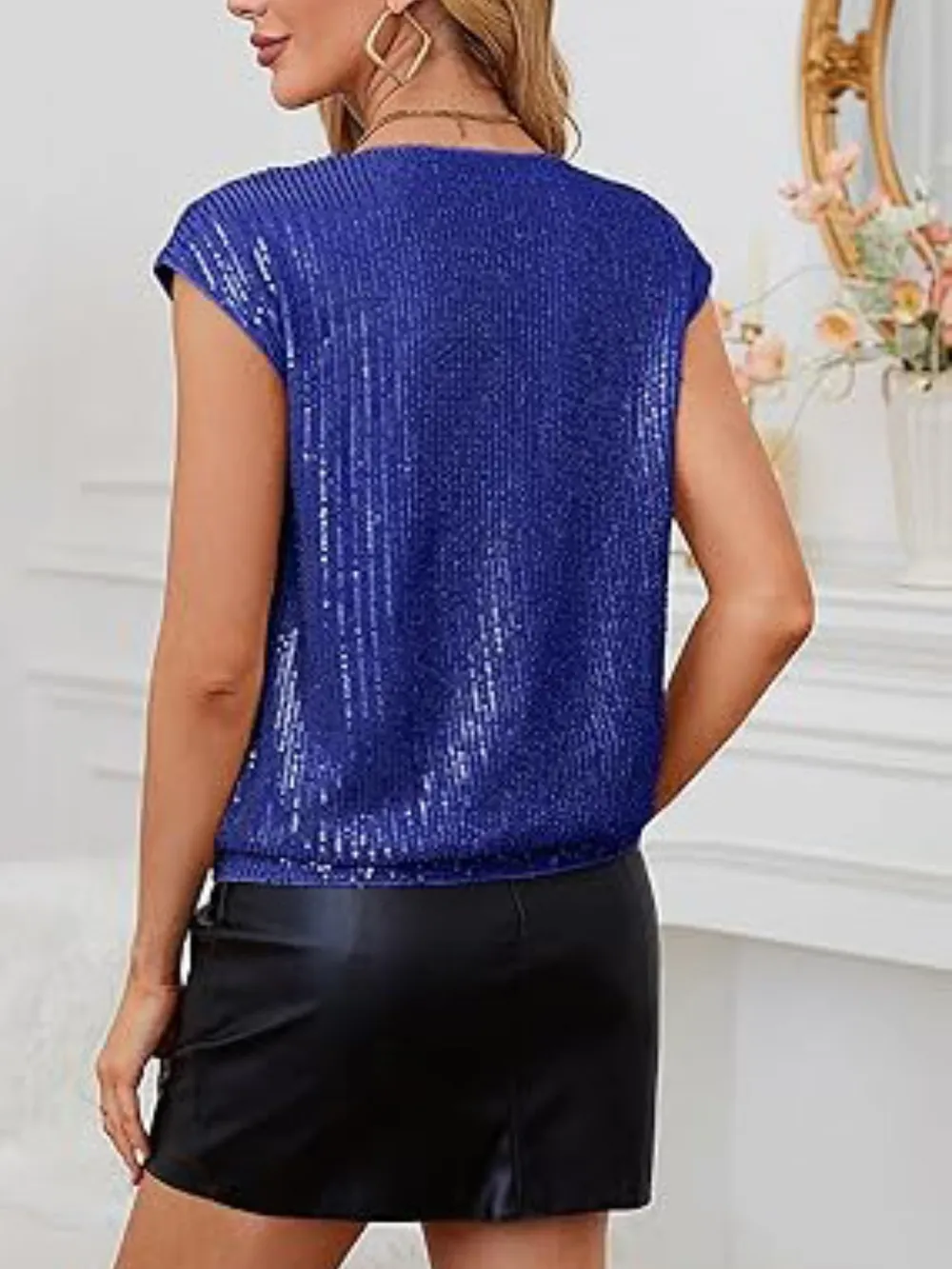 V-Neck Sequin Cap Sleeve Top, image 13