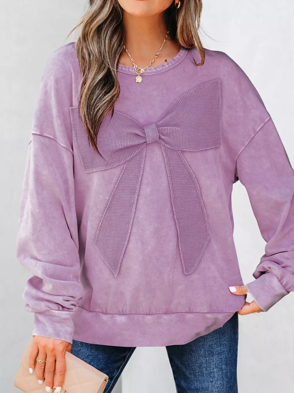 Mineral Wash Bow Patchwork Sweatshirt, image 3