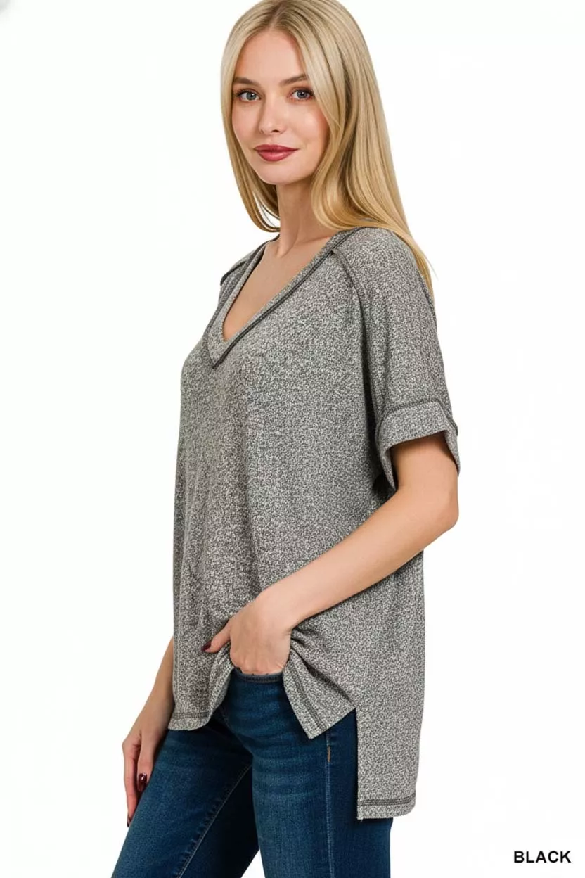 Full Size Soft Melange Hacci V-Neck Short Sleeve Hi-low Tee Plus Size, image 3