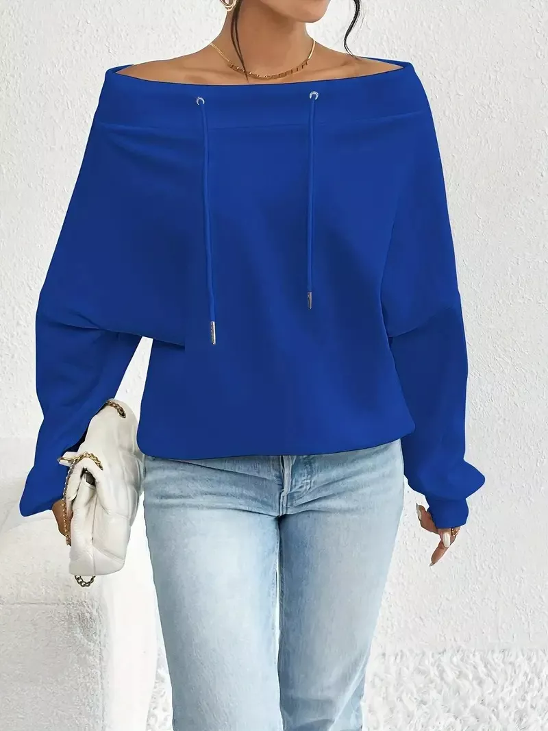 Off-Shoulder Drawstring Sweatshirt, image 2