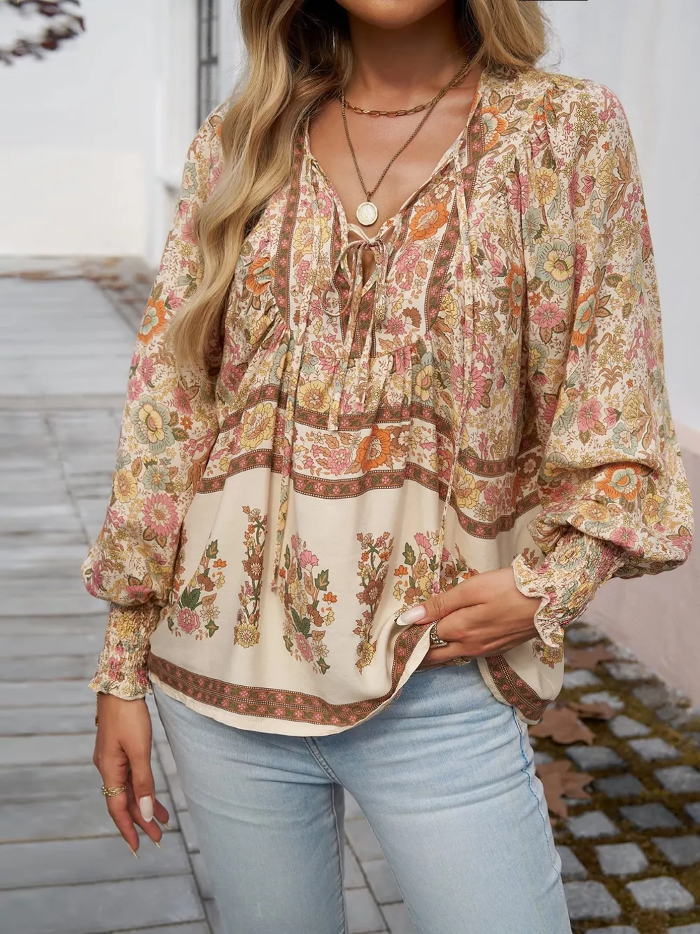 Floral Print Tie Neck Bohemian Blouse, image 18