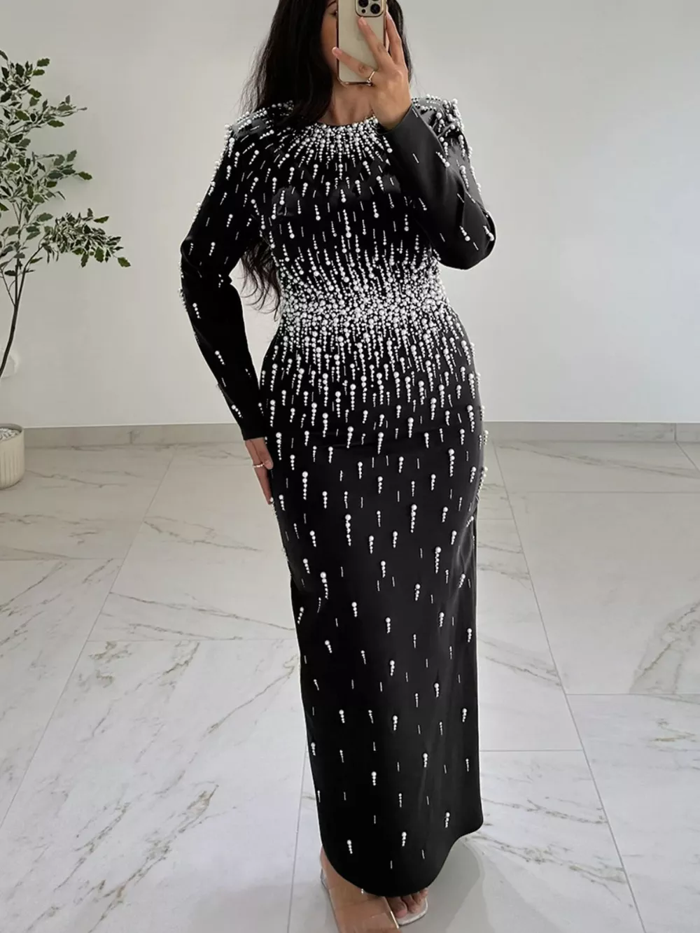Pearl Detail Long Sleeve Maxi Dress, image 3