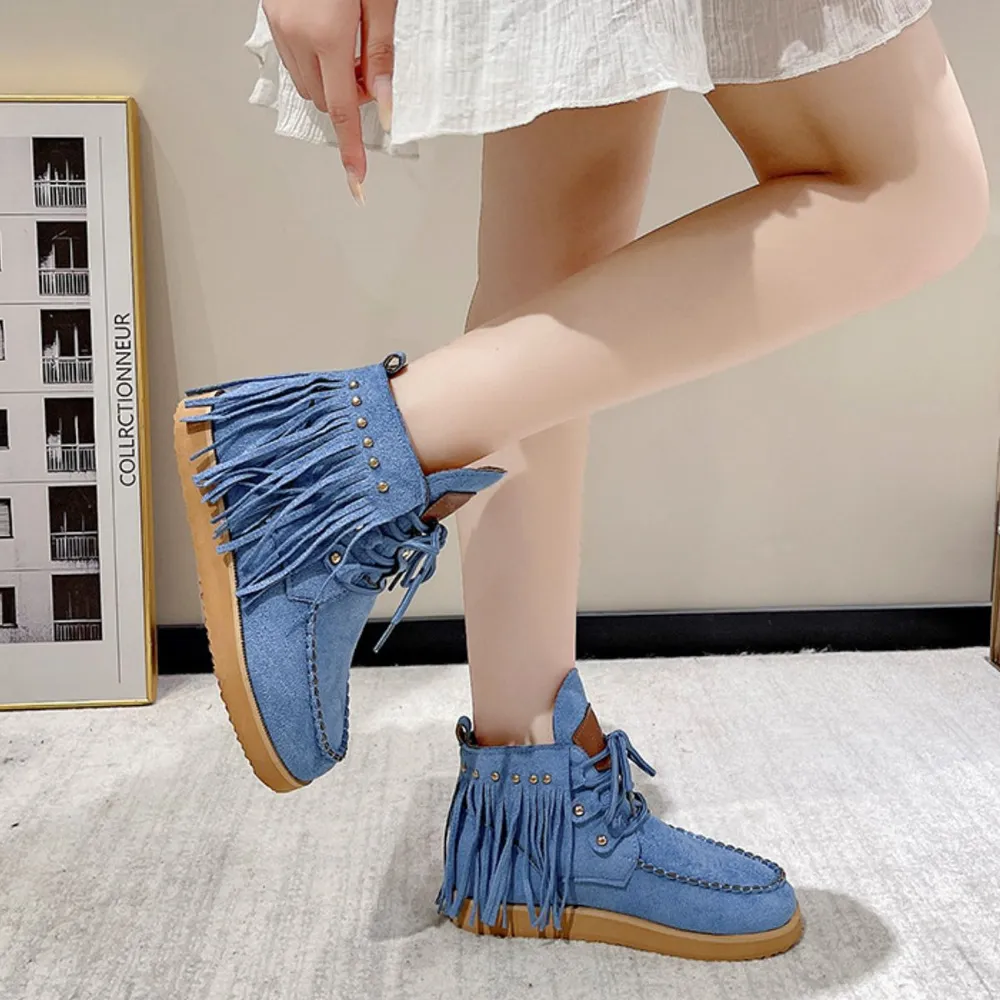Fringe Studded Round Toe Canvas Boots, image 6