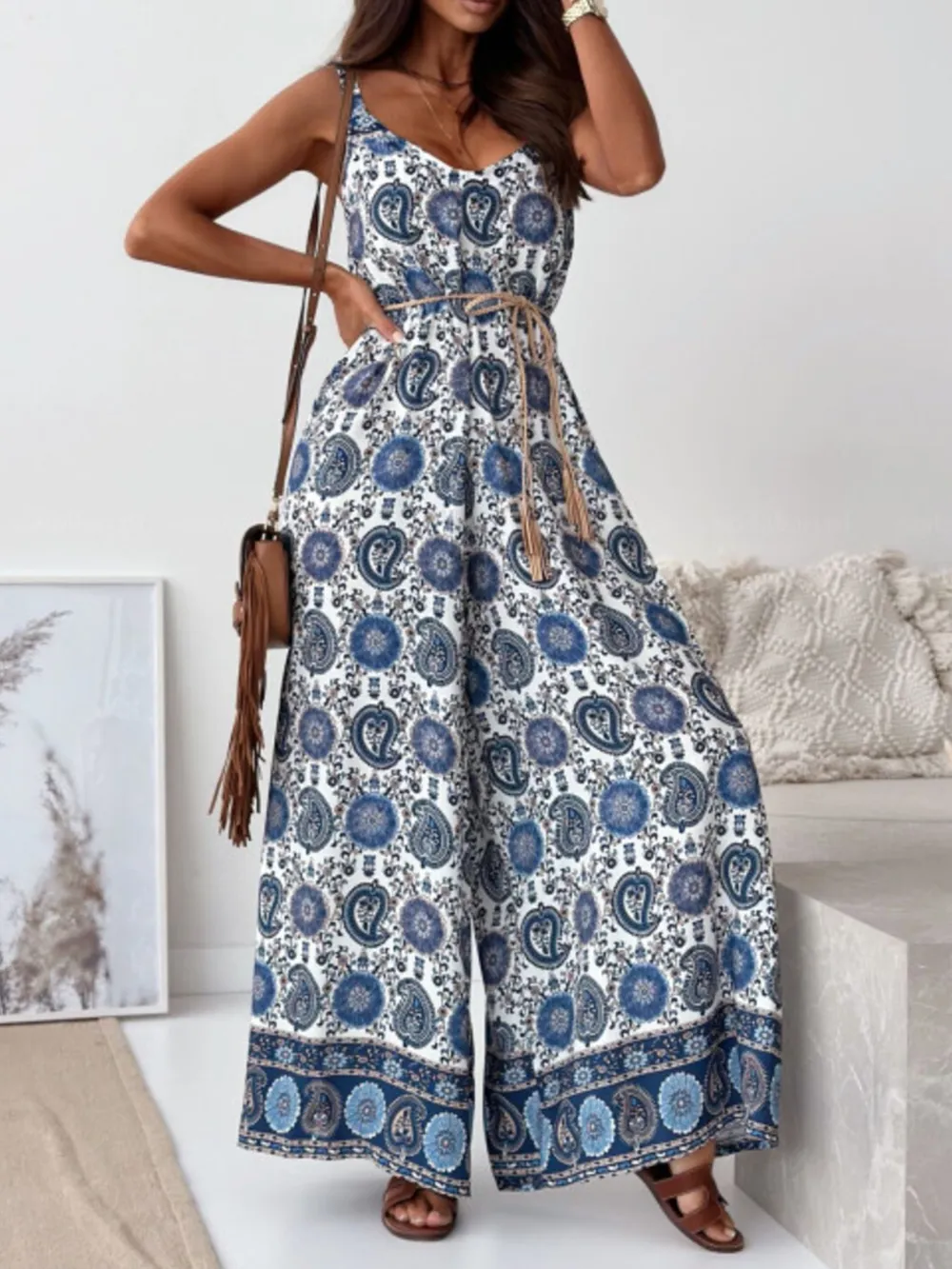 Paisley Print Spaghetti Strap Wide Leg Jumpsuit, image 10