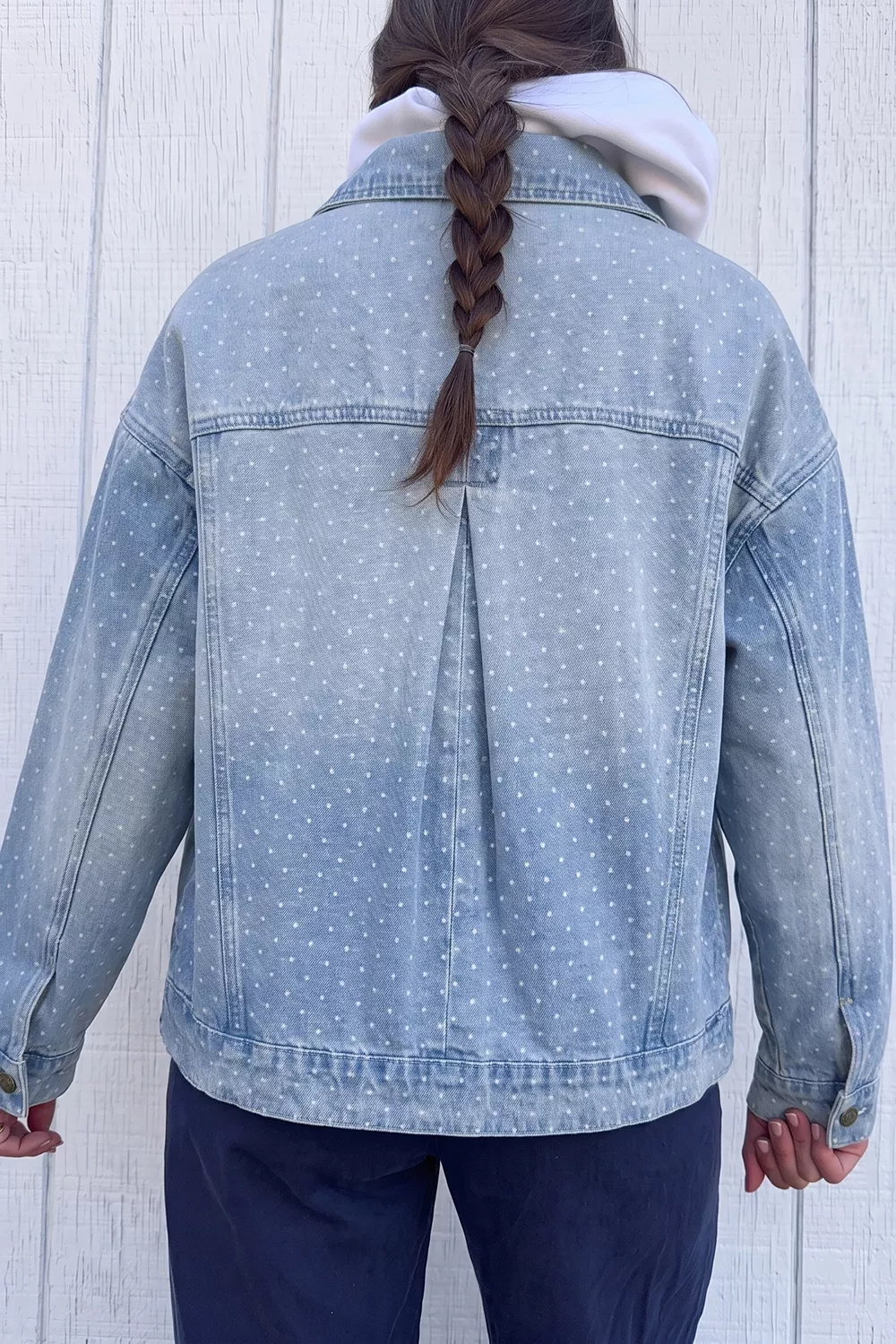 Polka Dot Long Sleeve Collar Pocket Casual Shift Silhouette Denim Jacket, image 2
