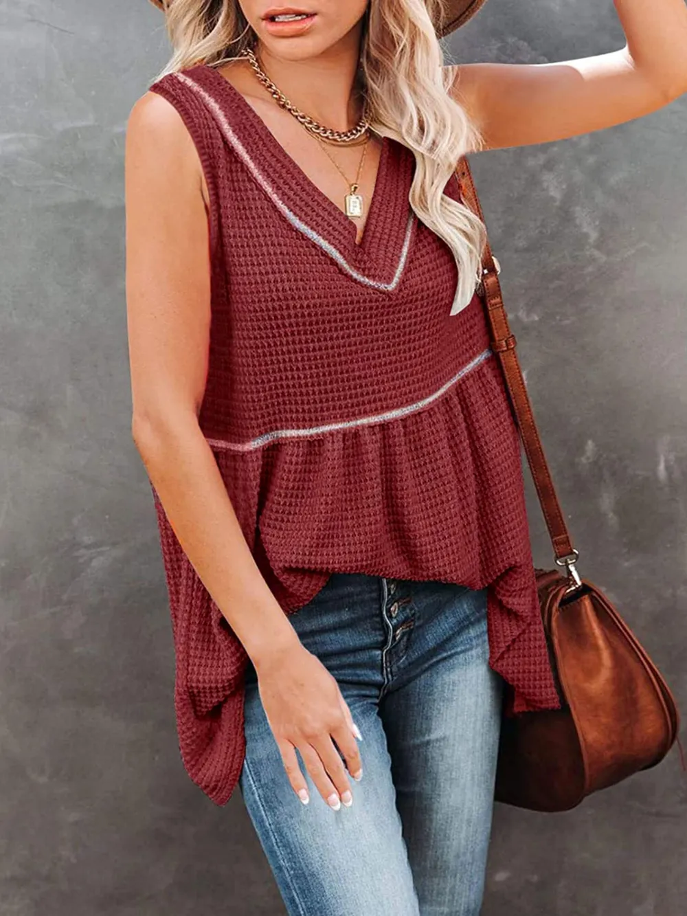 V-Neck Waffle Knit Tank Top with Contrast Stitching, image 7