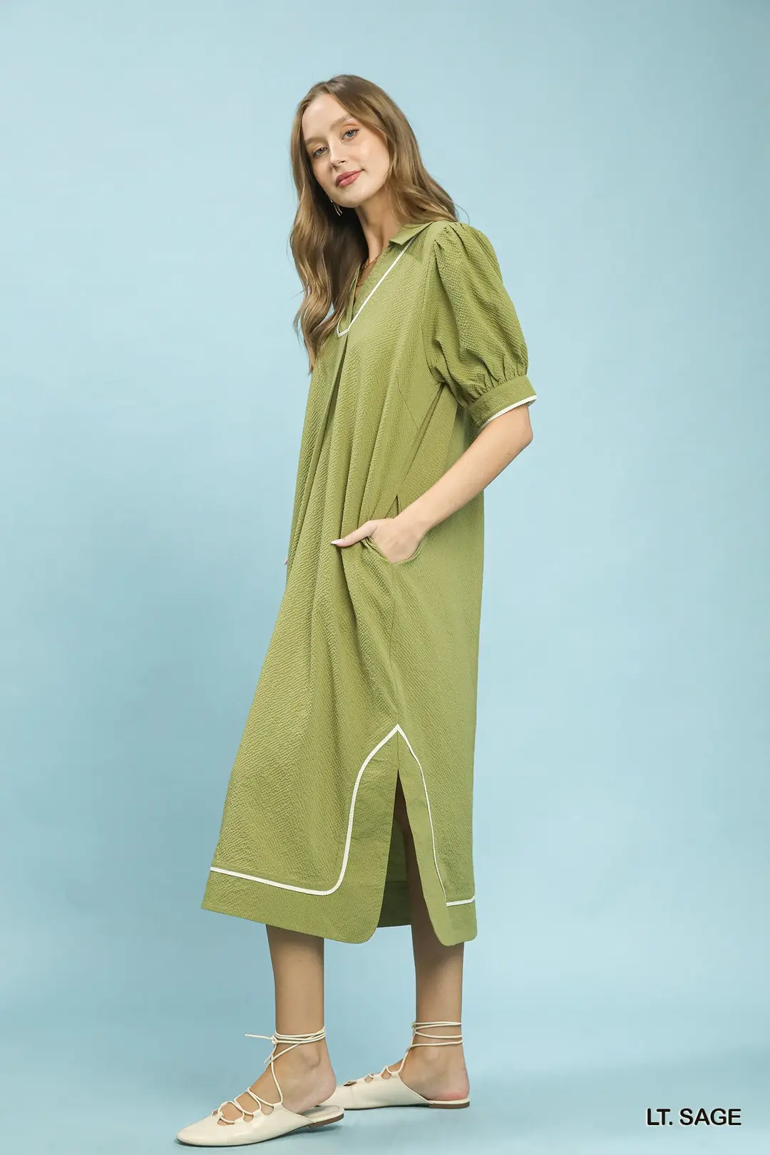 Seersucker Midi Dress with Contrast Trim, image 2