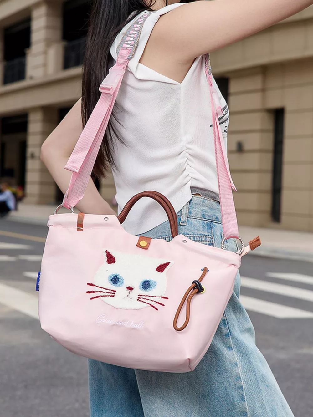 Embroidered Cat Tote Bag with Adjustable Shoulder Strap, image 5