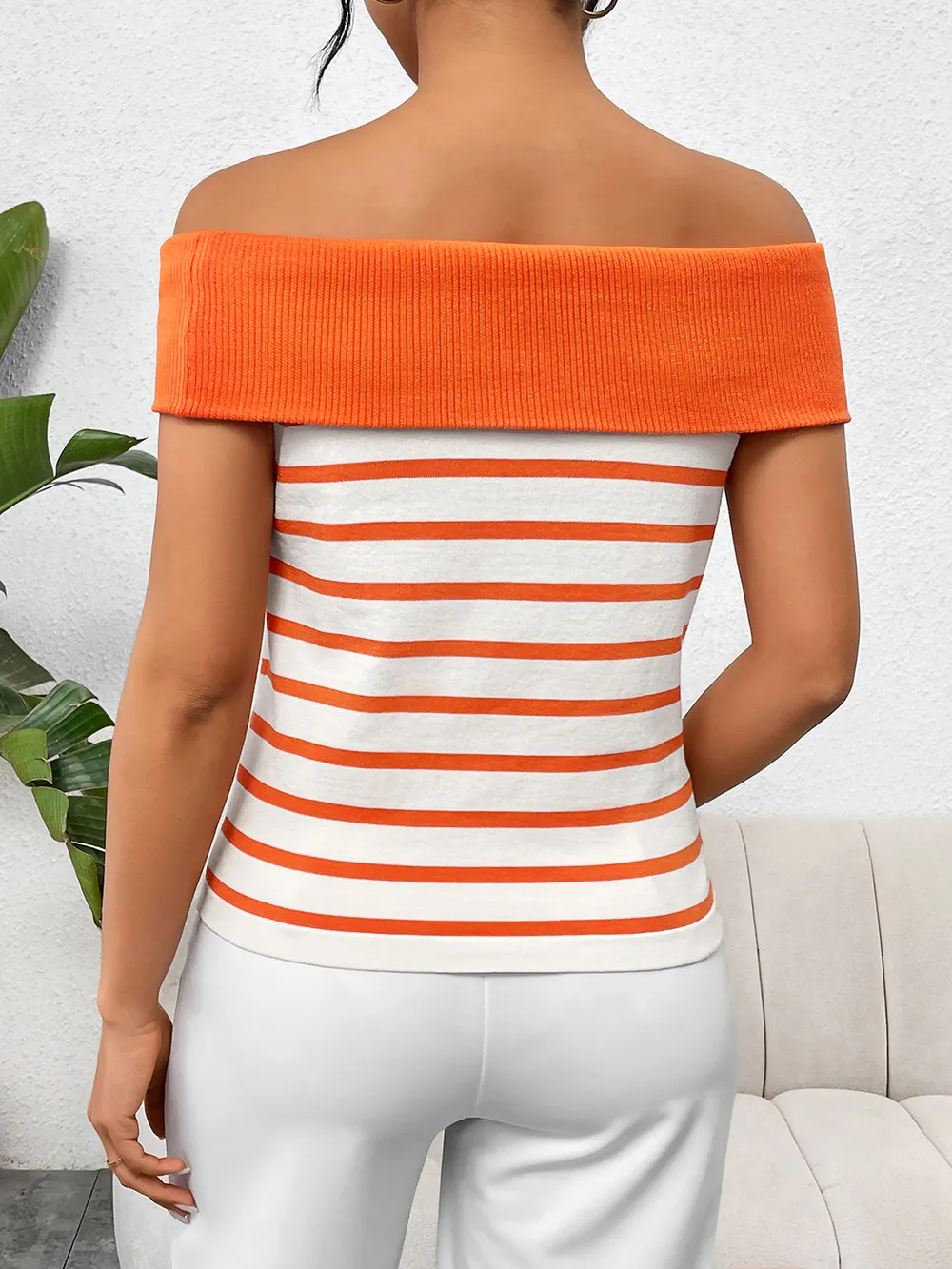Decorative Button Striped Off-Shoulder Knit Top, image 9