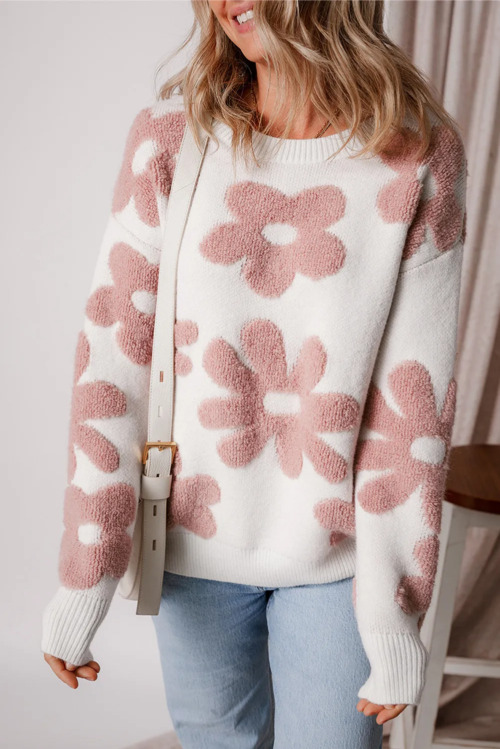 Flower Round Neck Long Sleeve Knit Top, image 9